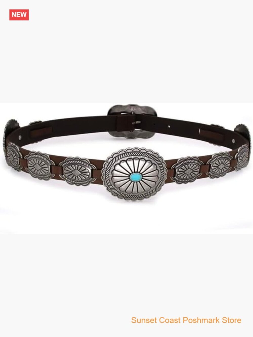 Western Concho Belt with Antique Silver Buckle Faux Leather for Jeans Dresses